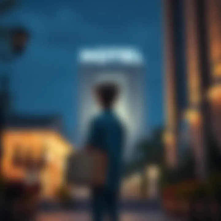 Emotional Farewell from Hotel Job A person stands outside a hotel holding a box of personal items, looking back with a sad expression, symbolizing job loss and gratitude.