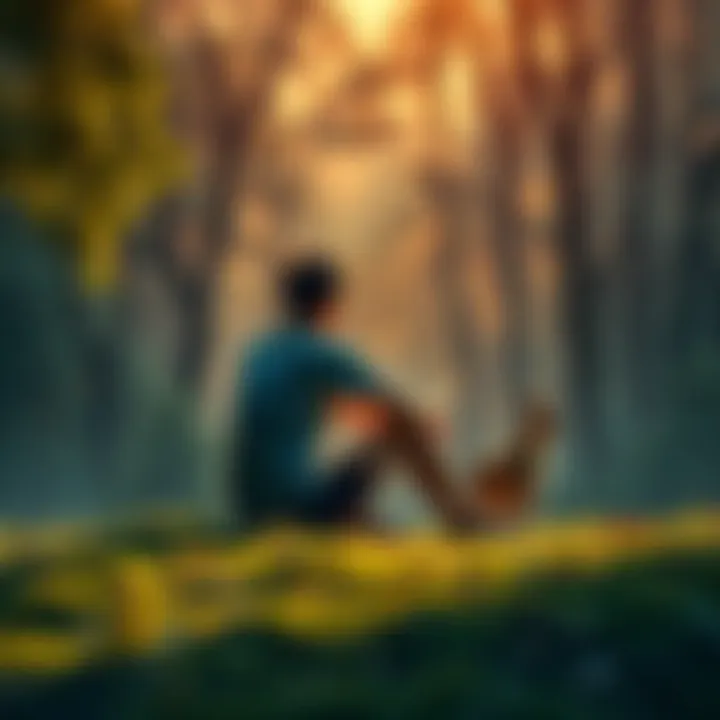 A person sitting outdoors, reflecting while surrounded by trees and animals, as mysterious taps echo in the background.