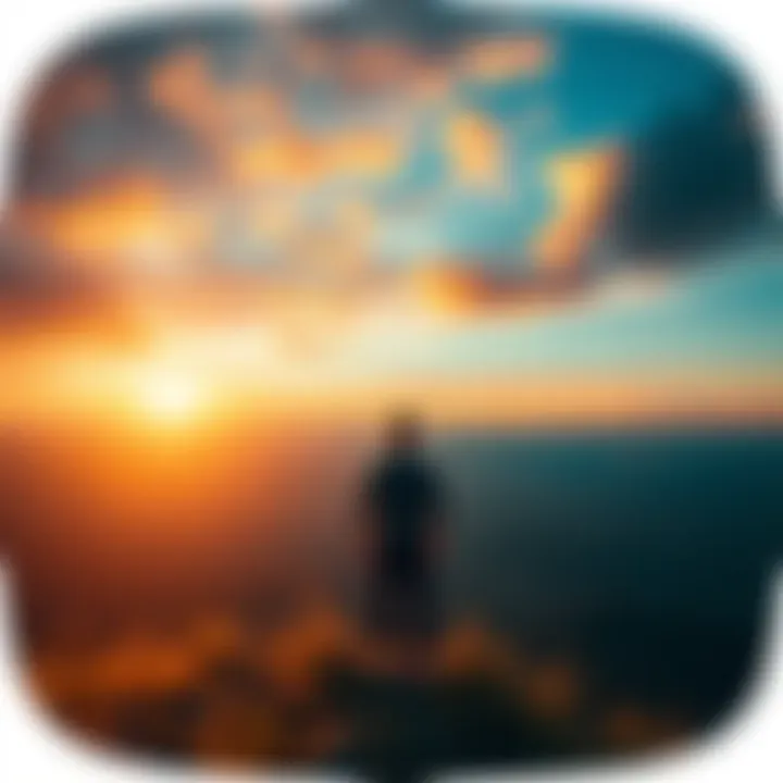 Emotional Journey A person standing on a hilltop, looking out over a vast landscape under a colorful sky, reflecting on personal feelings and truths.