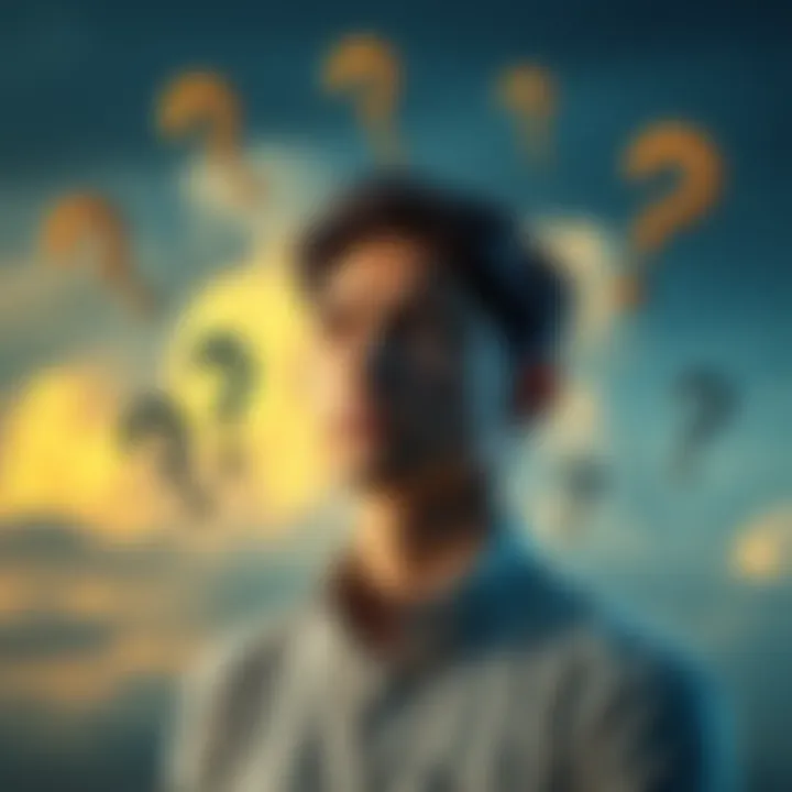 A 5/1 Emotional ManiGen looking contemplative, surrounded by symbols of uncertainty like clouds and question marks, representing struggles with life choices and expectations.