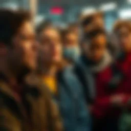 A group of people showing intense emotions, with one crying and another looking numb, reflecting a range of feelings, in a public setting.
