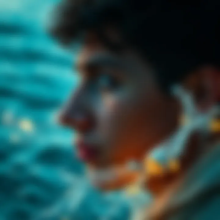 A person gazing out to sea with a contemplative expression, reflecting on sadness, surrounded by ocean waves.