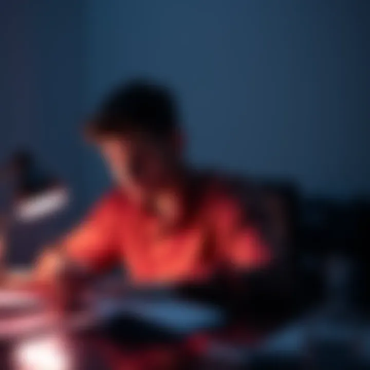 Emotional Projector Sharing Stories A person reflecting on their experiences while sitting at a desk, contemplating the balance between sharing and oversharing. They hold a pen and a notebook, surrounded by soft lighting.