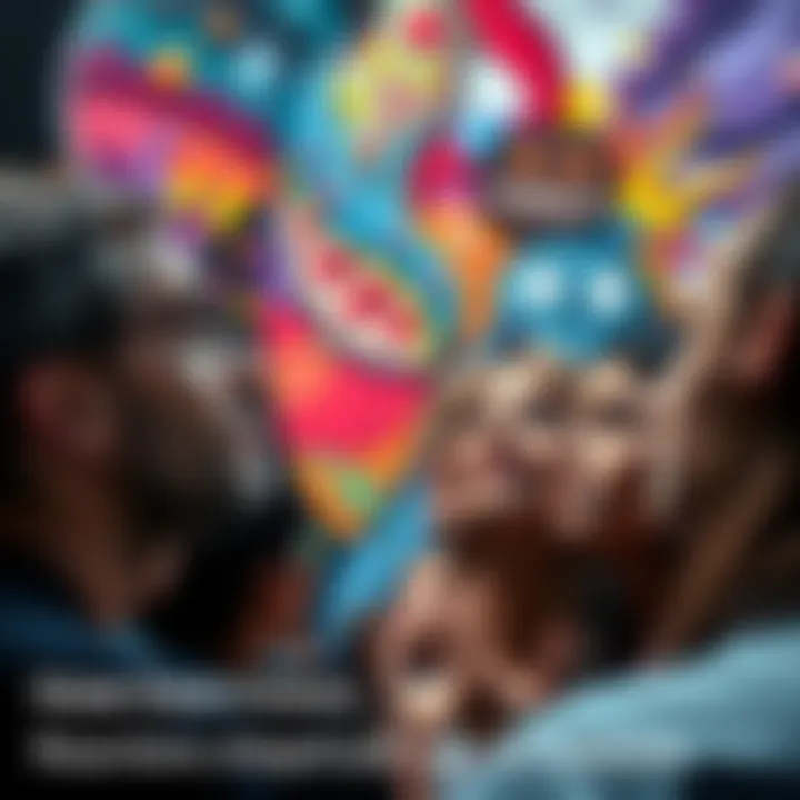 A group of people looking at a colorful art piece, showing varied emotional reactions on their faces, reflecting their perceptions.