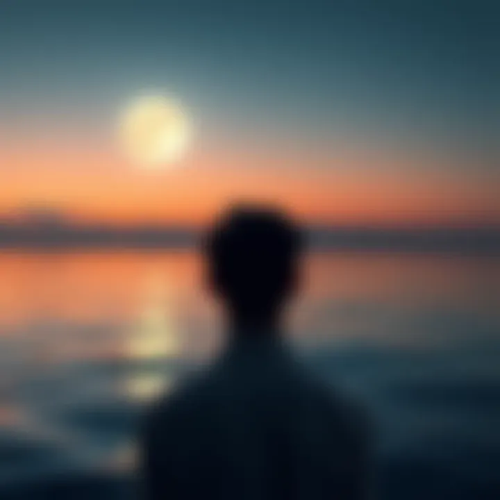 A serene scene depicting a person gazing thoughtfully at a calm ocean, reflecting on their emotions, symbolizing Pisces and water sign moons.