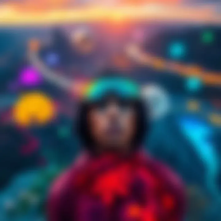 A colorful scene showing a person surrounded by vibrant landscapes and human interactions, reflecting emotional experiences.