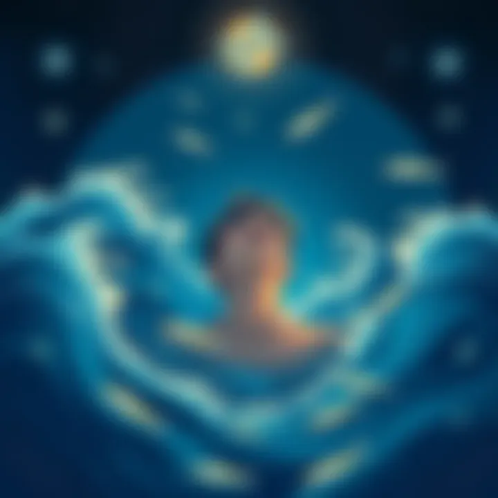 An illustration showing a person surrounded by water and stars, reflecting deep emotions and feelings associated with Sun in Pisces and water sign ascendants in 2023.