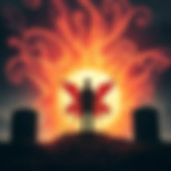A person standing at a grave, surrounded by swirling colors representing emotions and premonitions, conveying a sense of loss and introspection.