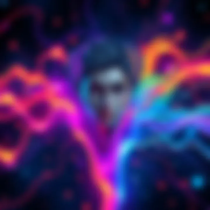 A vibrant illustration showing a person surrounded by colorful energy waves representing emotions, connecting to a cosmic background.