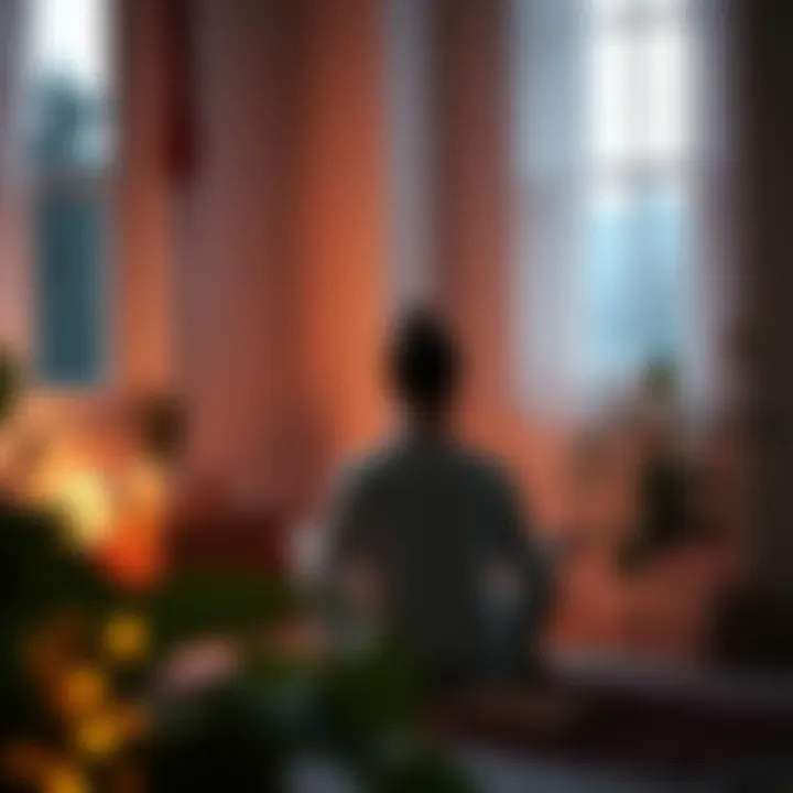 A person sitting in a calm room, practicing mindfulness to manage stress and burnout, with plants and soft lighting around them.