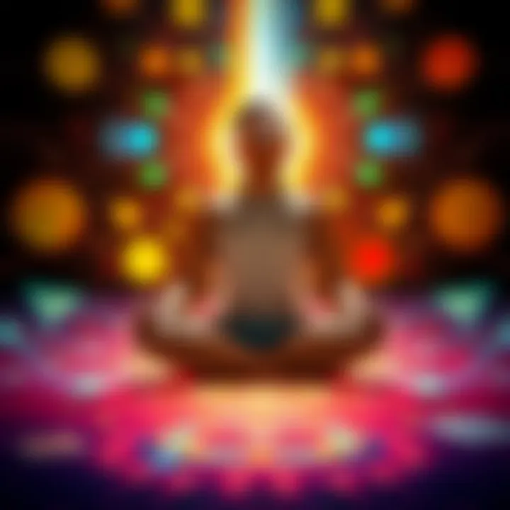 A person sitting cross-legged with closed eyes, surrounded by colorful energy waves, reflecting different emotions and health indicators from others around them.
