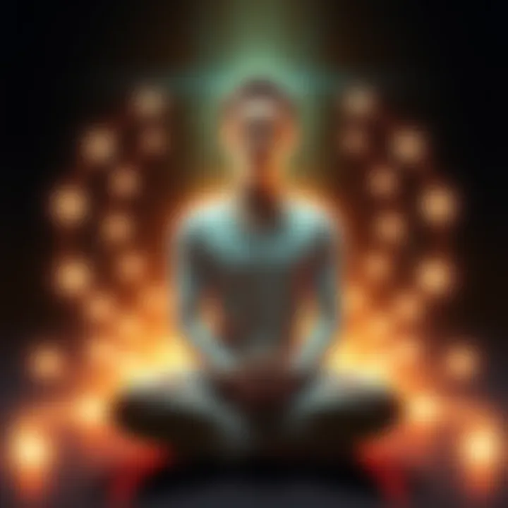 A person sitting cross-legged with a calm expression, surrounded by glowing energy waves to symbolize empath sensitivity and protection.