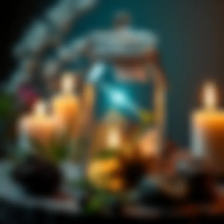 A jar filled with herbs and crystals representing spiritual protection rituals, surrounded by candles and natural elements.