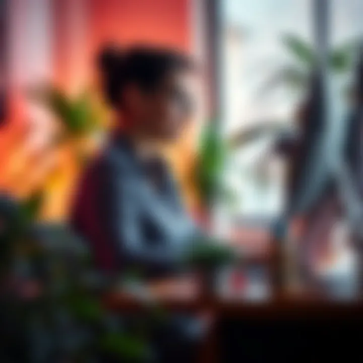 A person sitting at a desk surrounded by plants and soft lighting, looking thoughtful while working on a laptop.