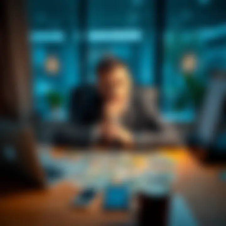 A person sitting at a desk with tarot cards spread out, looking thoughtful and uncertain about their job, with a laptop and coffee nearby.