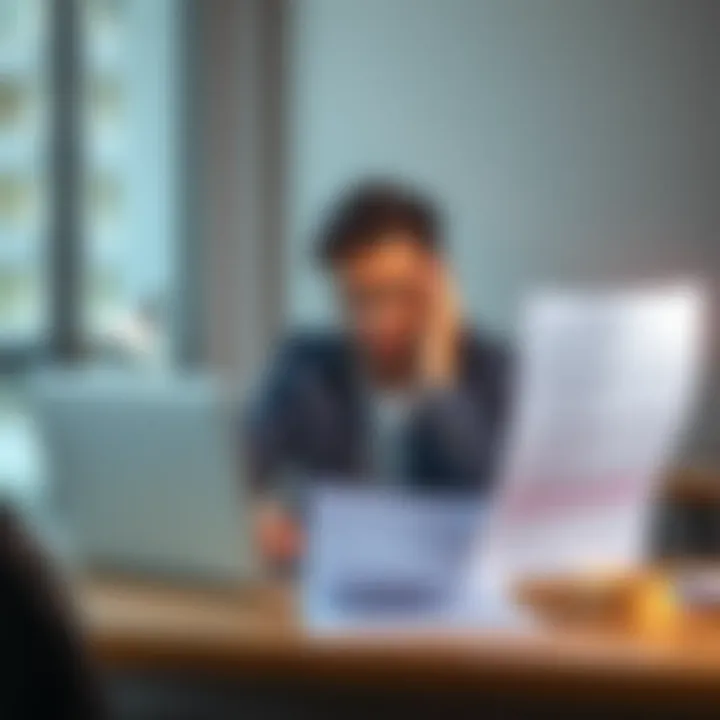 A frustrated employee sitting at a desk with a laptop, looking at a performance review document, symbolizing struggles with career recognition and pay disparities.