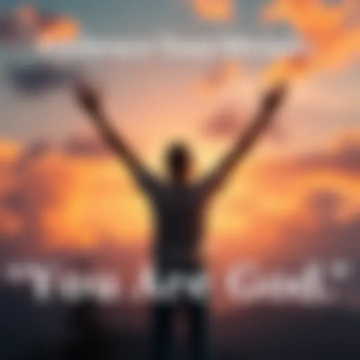 A person standing with arms raised in a serene setting, radiating confidence and positivity while repeating the phrase 'You are God'.