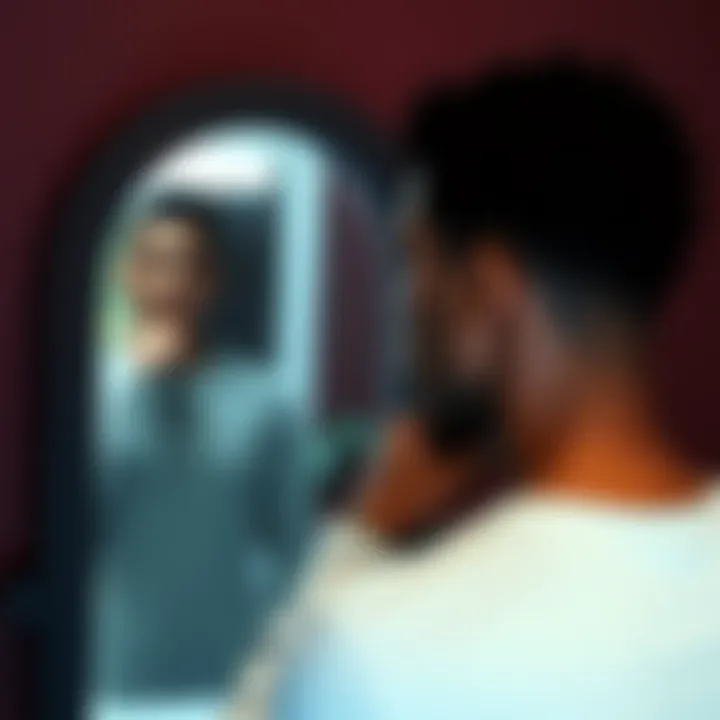 A person standing in front of a mirror, looking thoughtful while holding their chin, symbolizing a realization of self-worth and attraction dynamics.