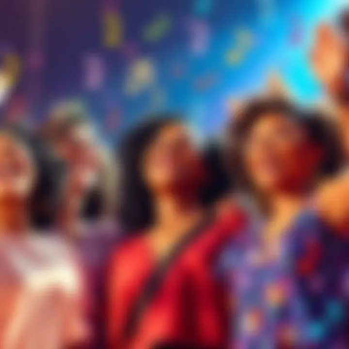 Empowering Women's Songs A group of diverse women singing together joyfully, surrounded by musical notes and vibrant colors, representing empowerment and positivity.