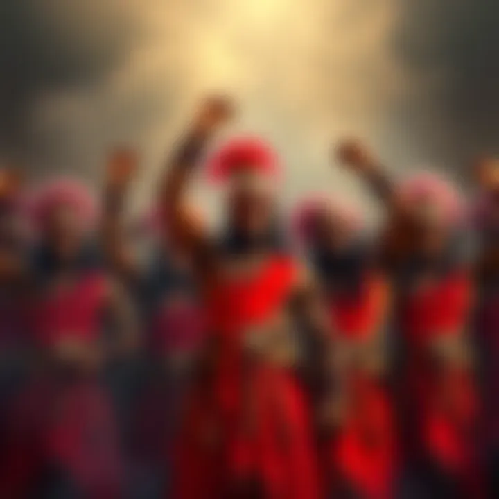 A group of Omo Shango warriors standing together, embodying strength and purpose, with raised fists and determined expressions.
