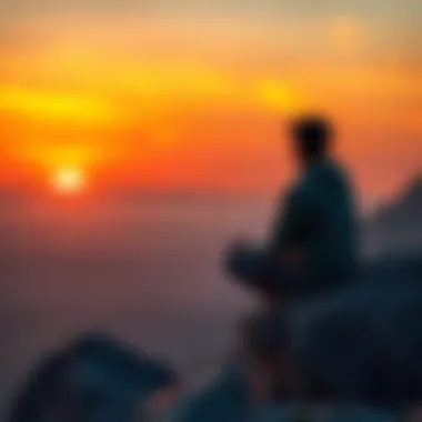 A person sitting cross-legged on a rock, looking contemplative with a sunset background, representing thoughts on emptiness and existence.