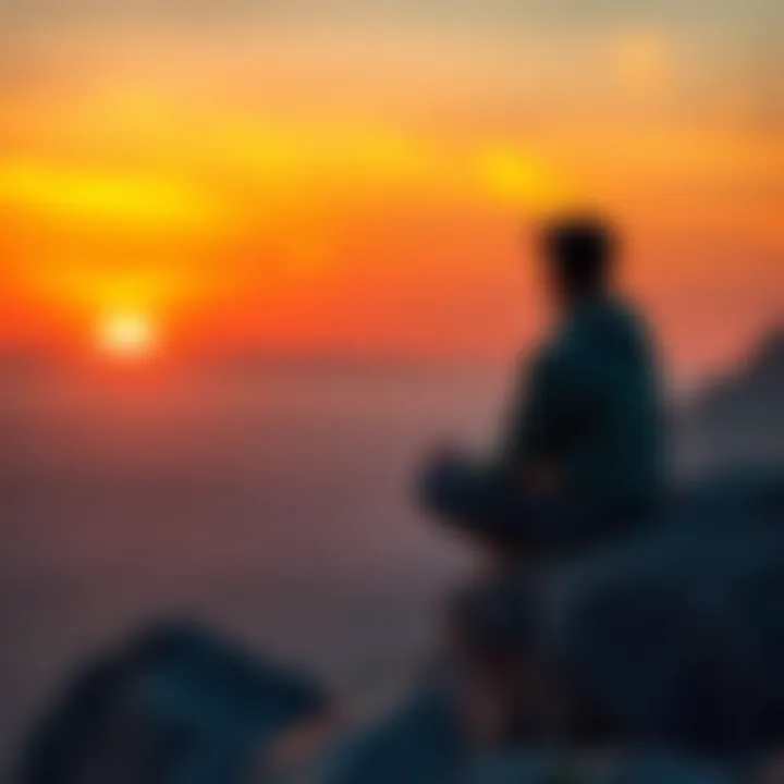 A person sitting cross-legged on a rock, looking contemplative with a sunset background, representing thoughts on emptiness and existence.