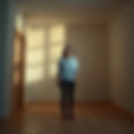 A woman stands in an empty room of her house, looking confused as she hears strange sounds, with shadows casting across the walls.