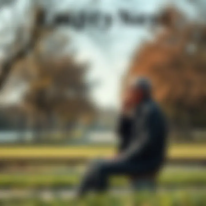A 40-year-old person sitting on a park bench deep in thought, looking contemplative while surrounded by trees and a clear sky.