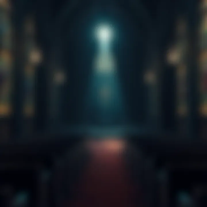 A dimly lit church interior, with empty pews and a slight beam of light breaking through stained glass, symbolizing absence and solitude