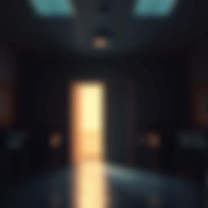 A dark empty classroom with a faint light from an open door and a shadow looming near the entrance