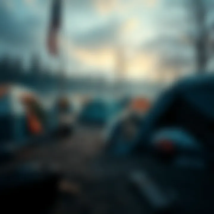 Empty homeless camp A deserted tent area with scattered belongings, highlighting the absence of homeless individuals.