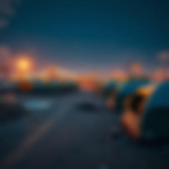 A large area with abandoned tents and debris, highlighting the lack of homeless individuals in the space