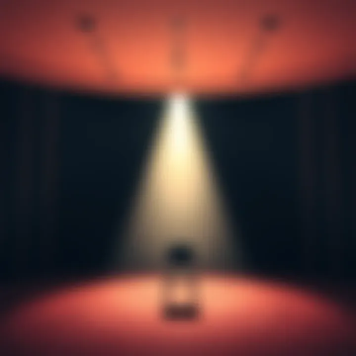 An empty theater stage illuminated by a single spotlight, symbolizing solitude and fear. A lone chair sits in the center, casting a long shadow.