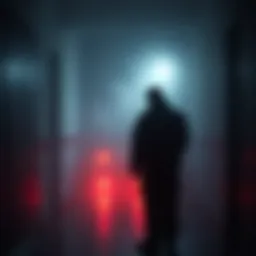 An EMT stands alone in a dimly lit room, showing signs of distress and contemplation after witnessing a tragic event. Ghostly shadows hint at lingering memories of a deceased patient.