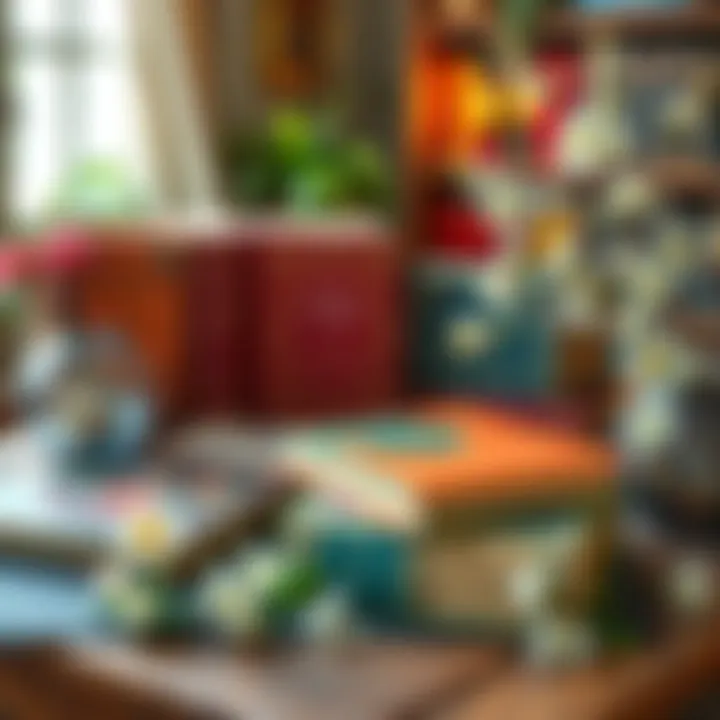 A collection of enchanted books with vibrant covers displayed on a wooden table, surrounded by blooming flowers and soft light