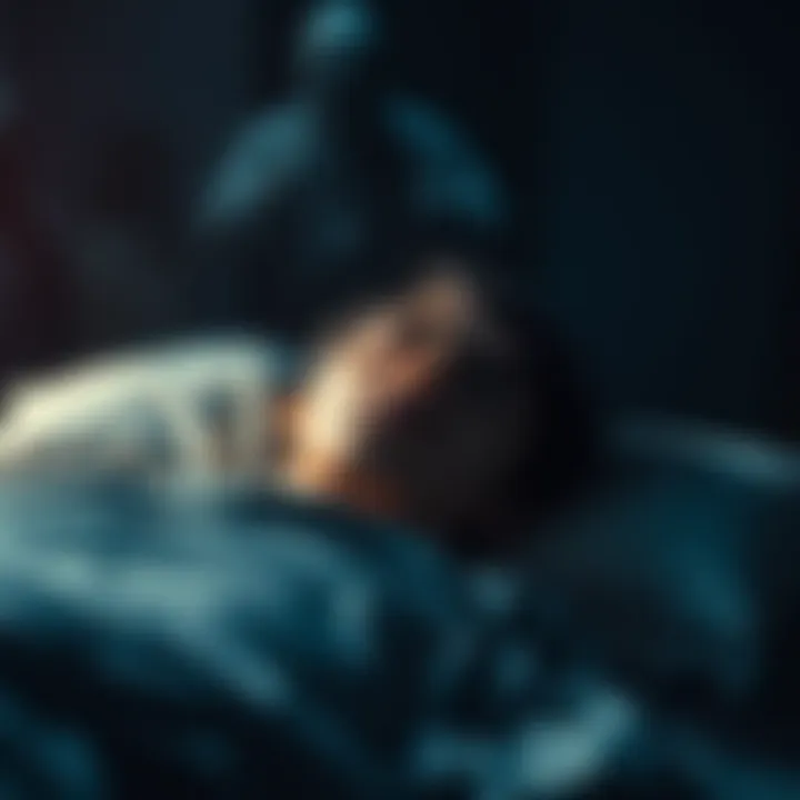 A person lying in bed, eyes wide open in fear, with shadowy grey figures looming in a dark room