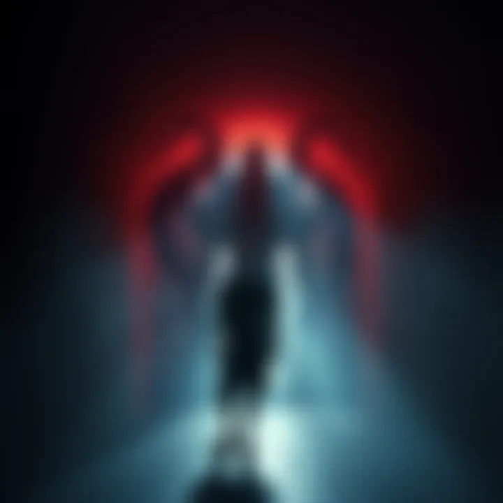 Encounter with a Lovecraftian God A person standing in a dimly lit room, looking startled as a shadowy, tentacled figure looms in the background, symbolizing a Lovecraftian god.