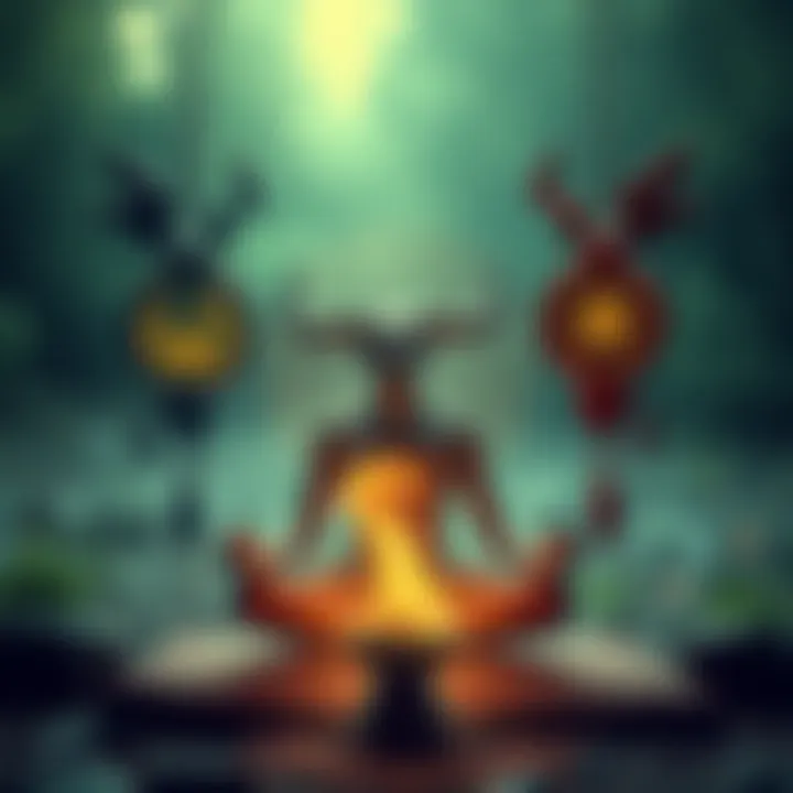 A spiritual practitioner meditating with symbols representing Beelzebub, Lilith, and Astaroth in a serene setting.