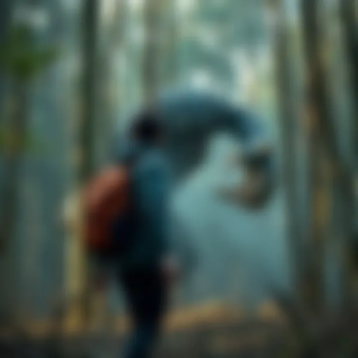 A person startled by a cryptid in the woods, surrounded by trees
