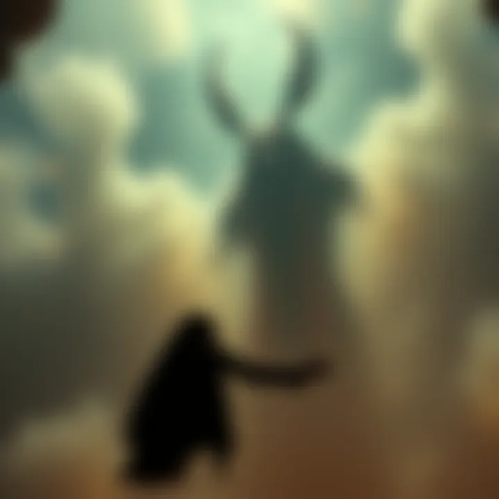 A person floating in a dreamlike space, facing a large figure resembling Anubis, surrounded by mist and stars. The scene captures the essence of an out-of-body experience.