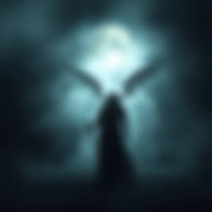 A dark figure representing death stands in a shadowy dreamscape, evoking an eerie sense of presence. The setting is misty with a haunting ambiance.