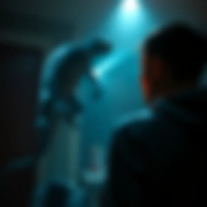 A person confronts a reptilian shapeshifter in a dimly lit room, showcasing a moment of fear and realization.
