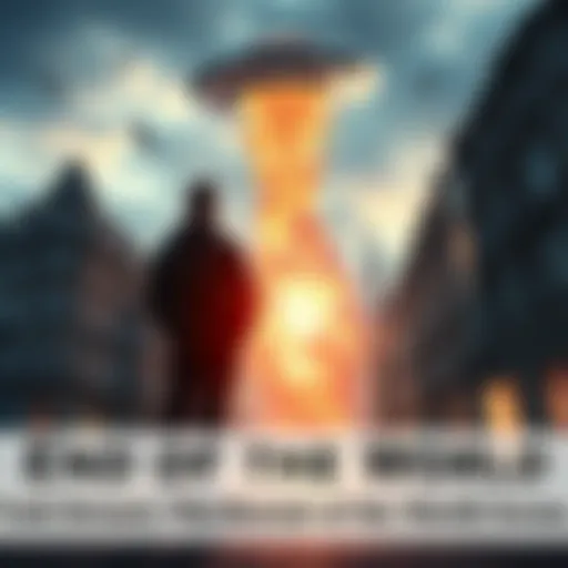 A person stands in a European city, watching a UFO and an exploding planet in the sky, surrounded by chaos and destruction.