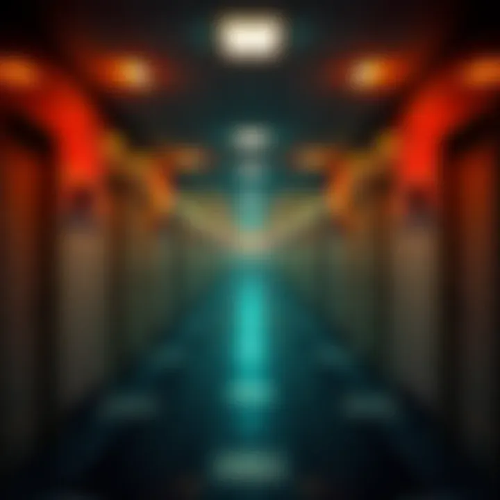 A long, poorly maintained hallway filled with restroom doors, depicting an unsettling dream scenario.