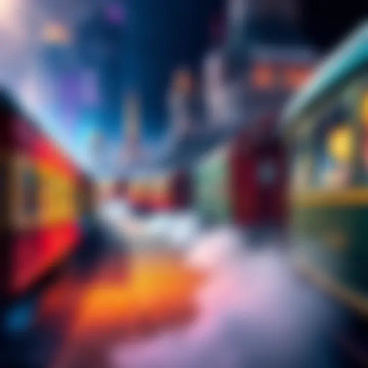 A dreamlike scene of a colorful train moving through various themed cars, symbolizing life's journey.