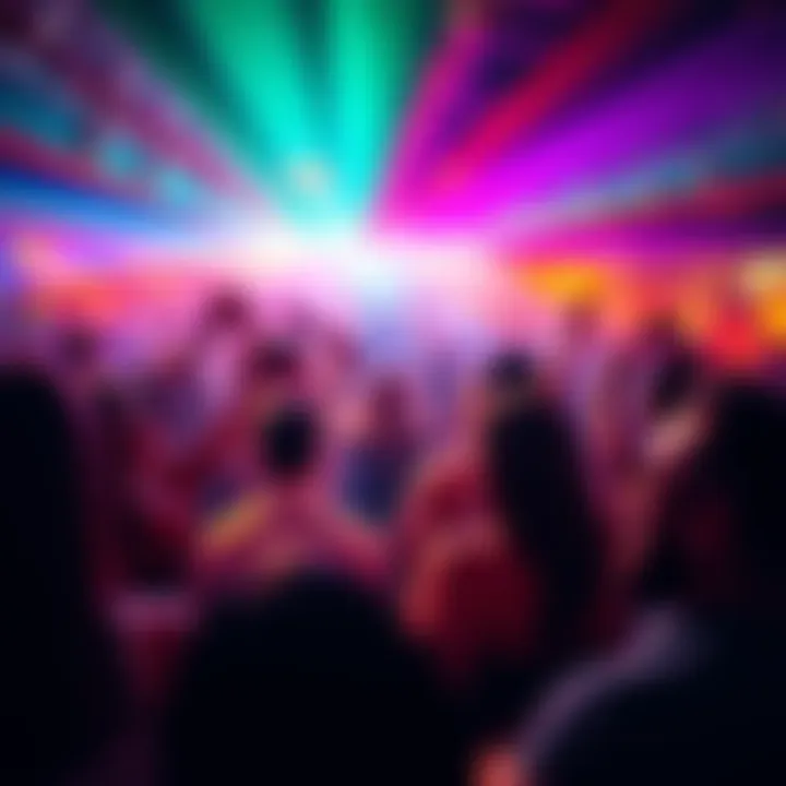 A lively club scene with people dancing joyfully, colorful lights illuminating the space, reflecting the vibrant energy of Fire and Air zodiac signs.