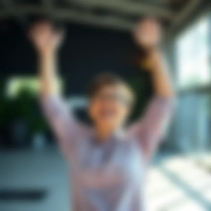 A person smiling with arms raised, looking energized and ready to start the day in a bright morning setting