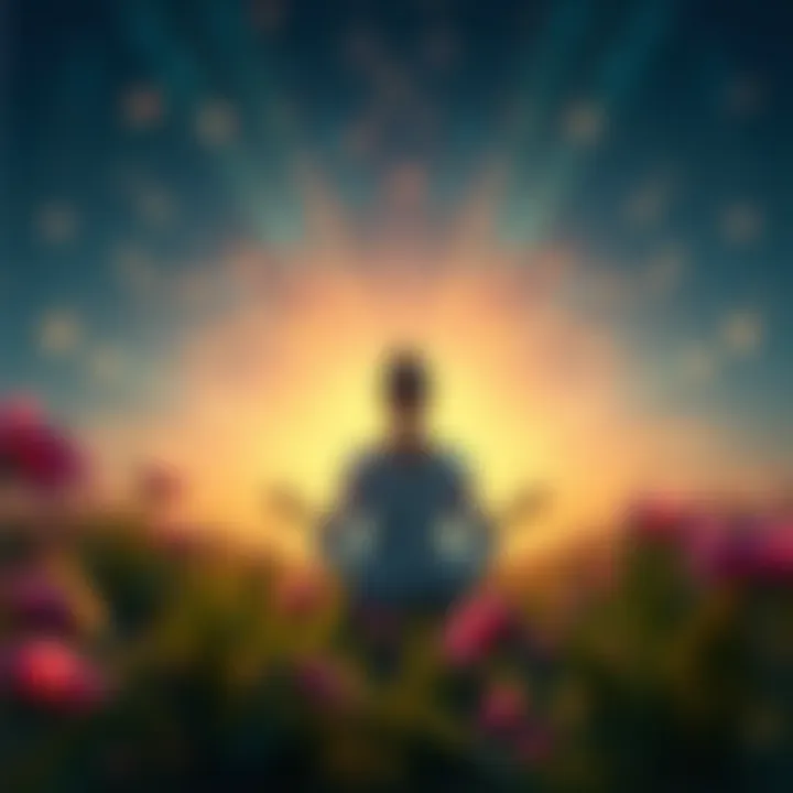 A serene scene depicting a person meditating in nature, surrounded by gentle light and vibrant energies, symbolizing emotional recovery and balance.