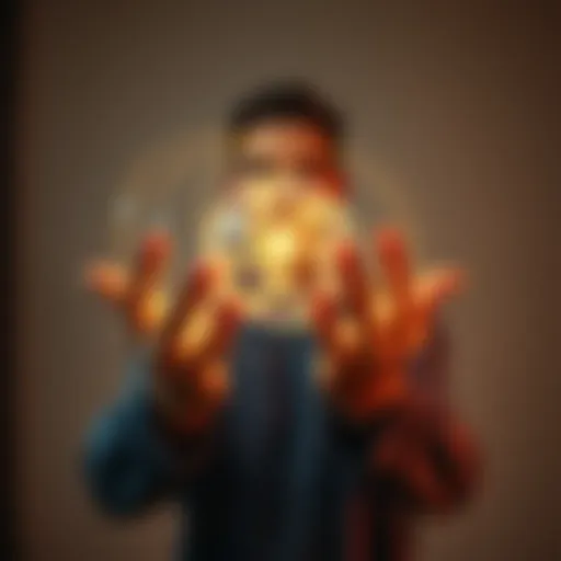 A person with hands glowing as they form an energy ball, demonstrating energy manipulation techniques in a calm environment.