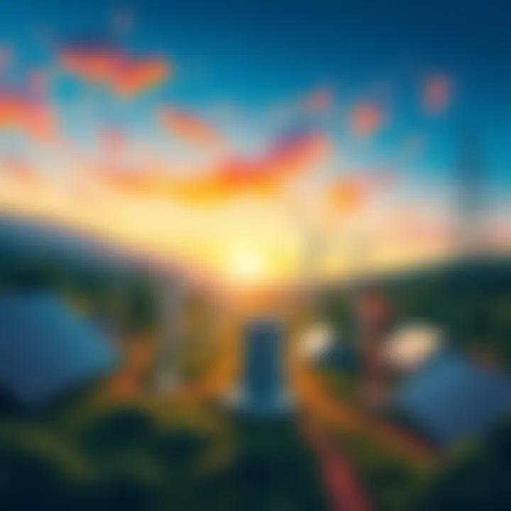 An illustration showing diverse energy sources such as solar panels, wind turbines, and power lines connecting in a vibrant landscape, symbolizing the future of energy.
